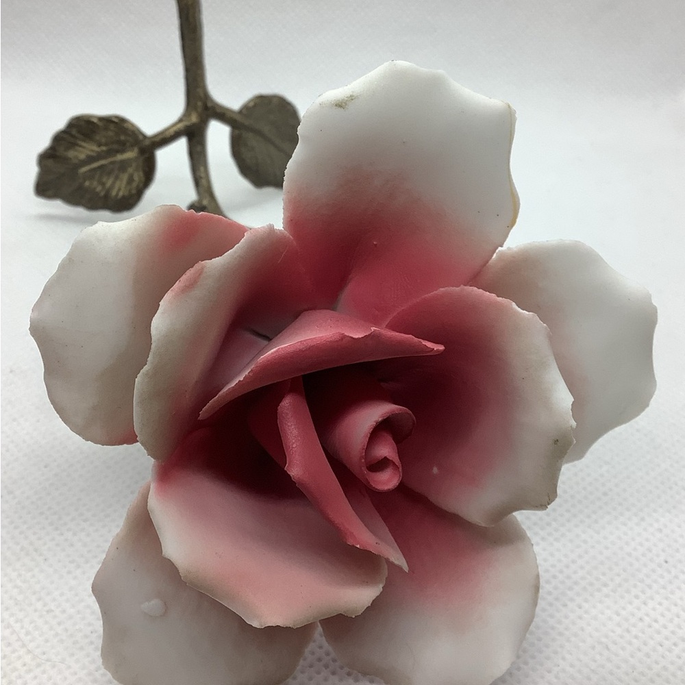 Vintage Capodimonte Ceramic Pink Rose Metal Stem Brass Porcelain 6” - Picture 2 of 7